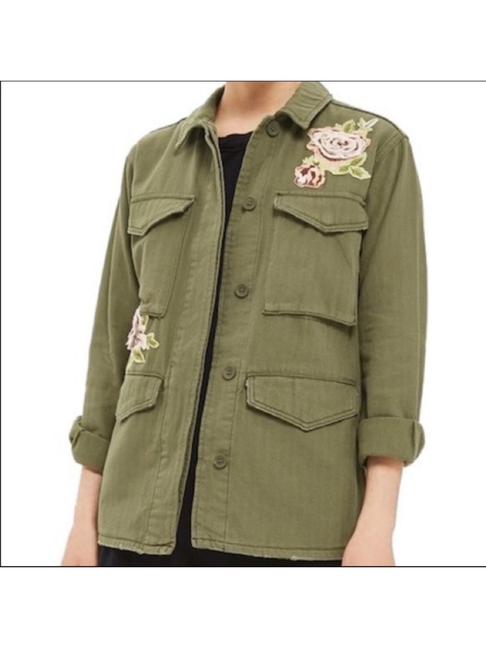 Topshop Ethan Shirt Embroidered Olive Utility Jacket with Rose Appliqués Size 12